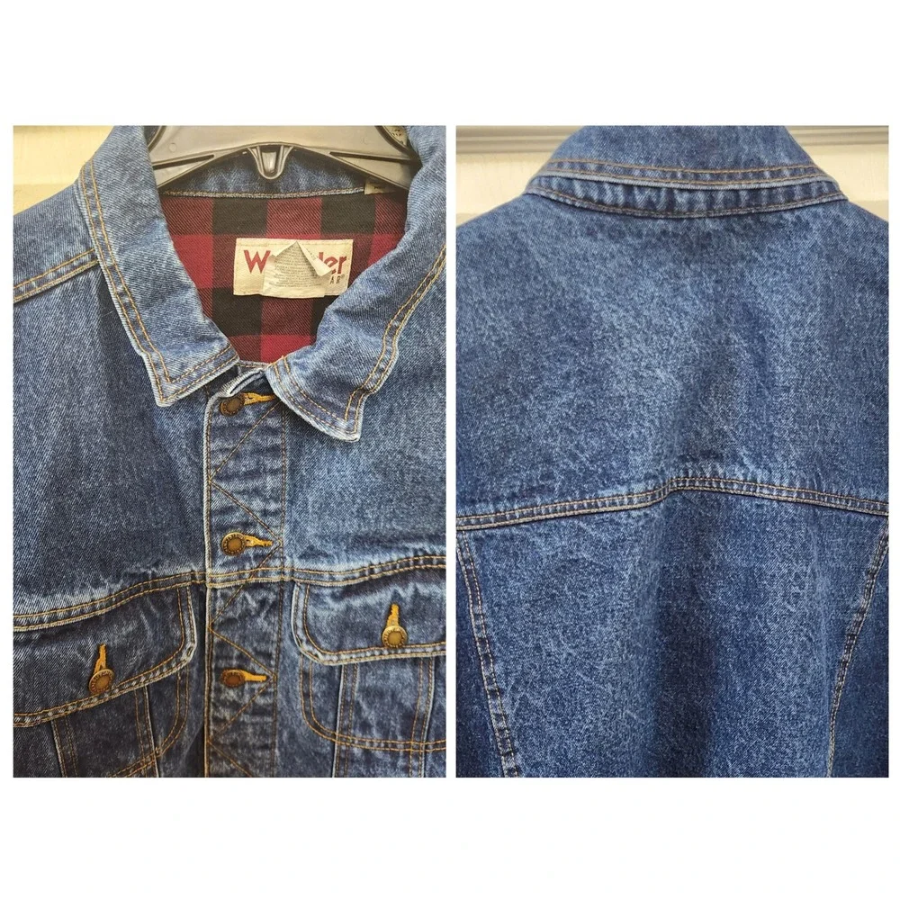 Wrangler Rugged Wear Mens XXL Blue Denim Jacket Buffalo Plaid Lined Trucker Coat